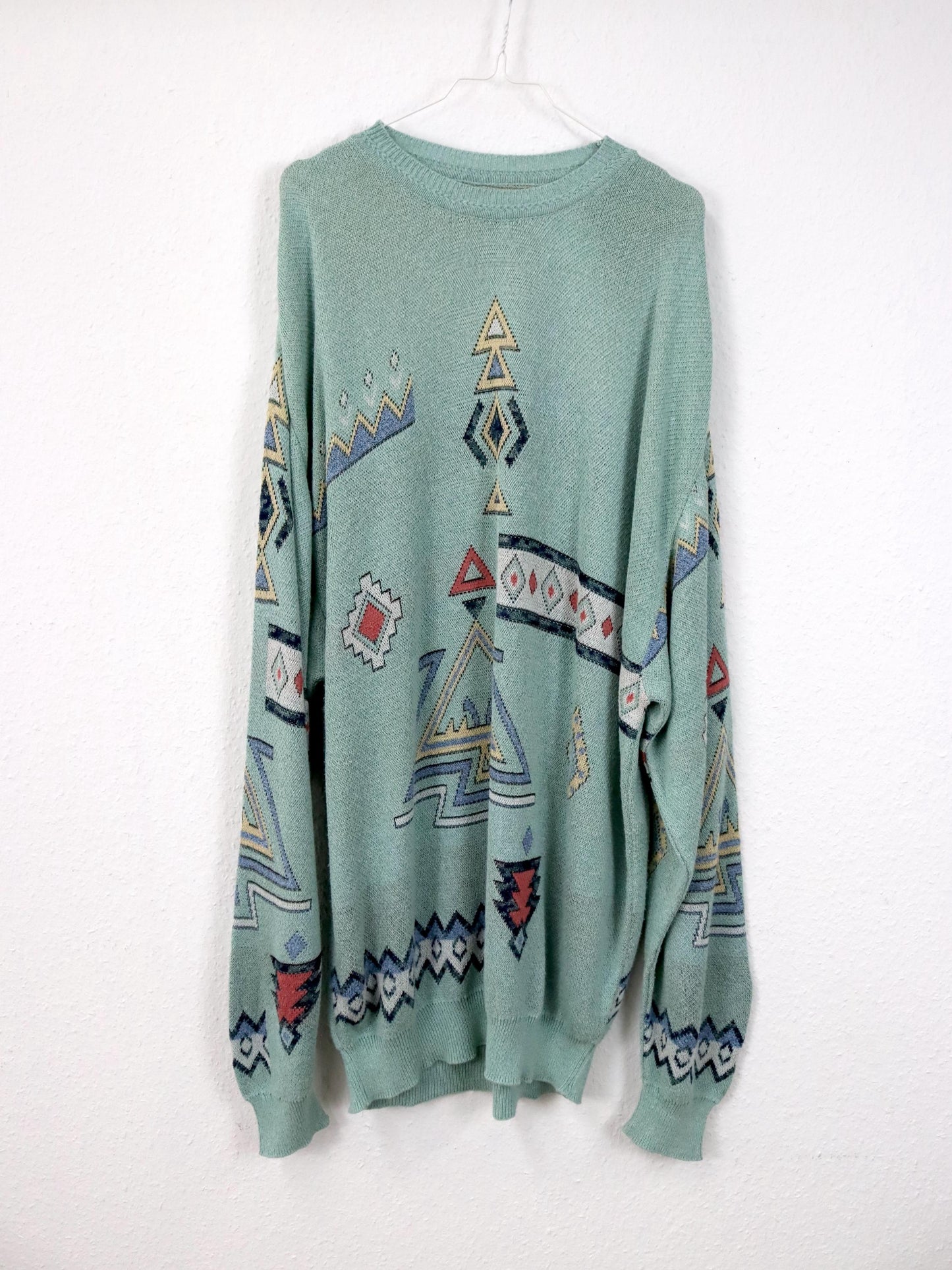 Vintage 80er 90er CAGI Pulloverkleid Strickpullover gemustert mintgrün pastel 48 XXL