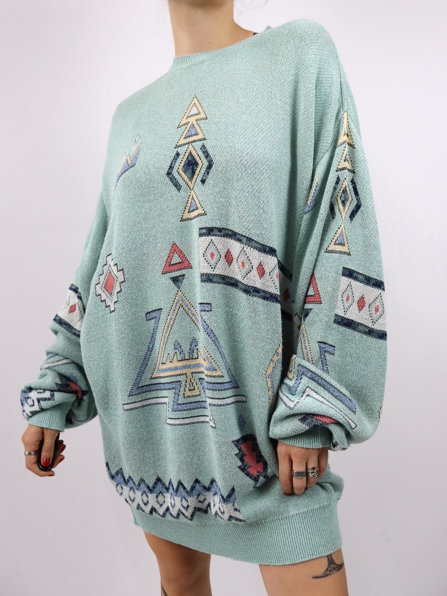 Vintage 80er 90er CAGI Pulloverkleid Strickpullover gemustert mintgrün pastel 48 XXL