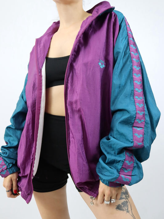 Vintage 80er 90er ARENA Trainingsjacke Stehkragen türkis lila XL