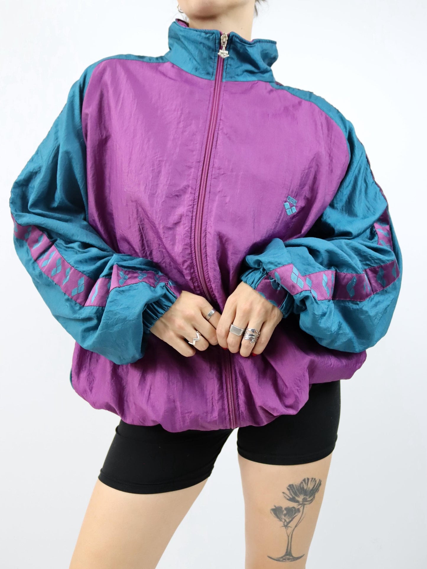 Vintage 80er 90er ARENA Trainingsjacke Stehkragen türkis lila XL