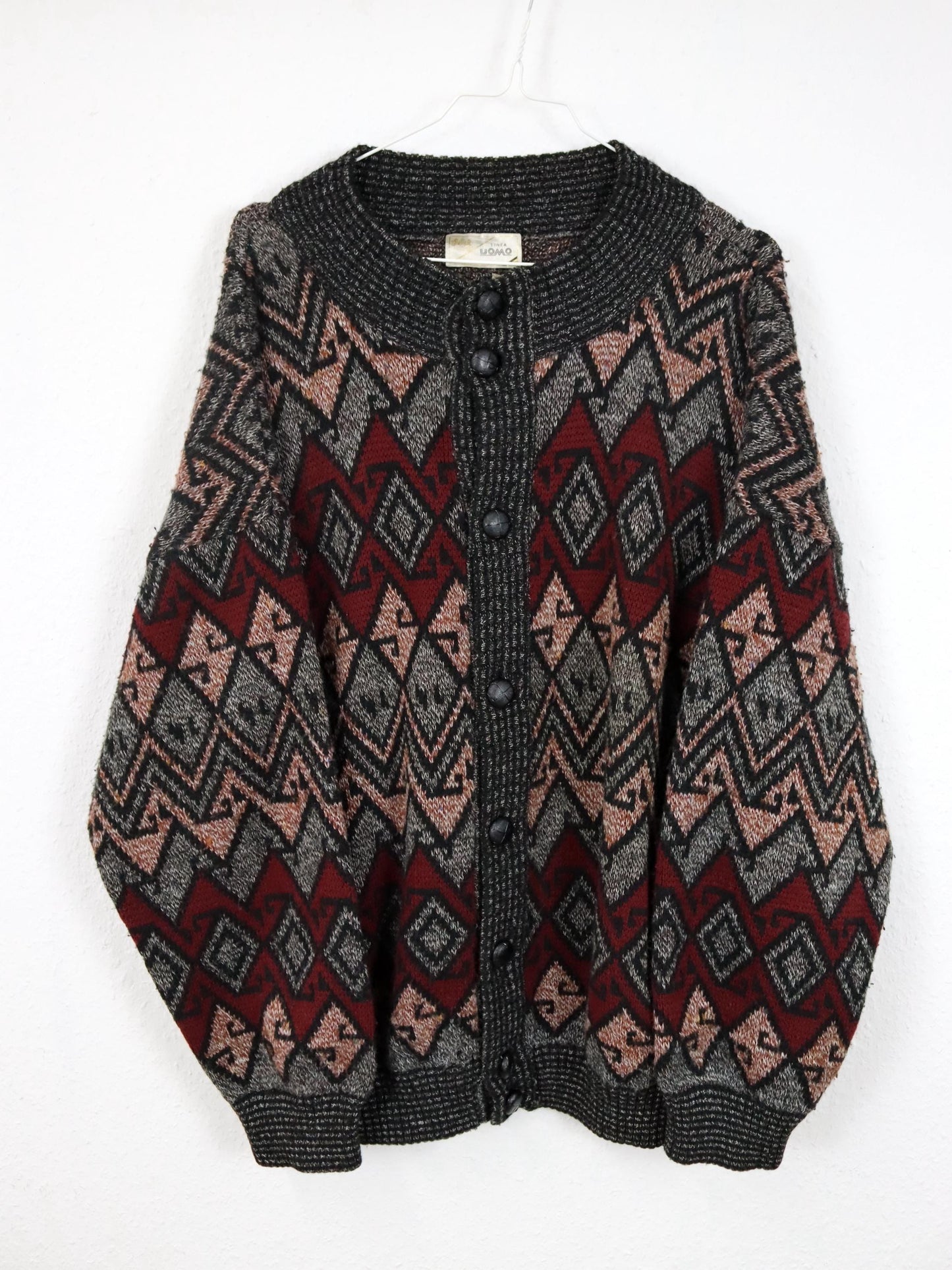 Vintage 80er 90er UOMO Wollcardigan Strickjacke gemustert grau rot Knopfleiste 52 L