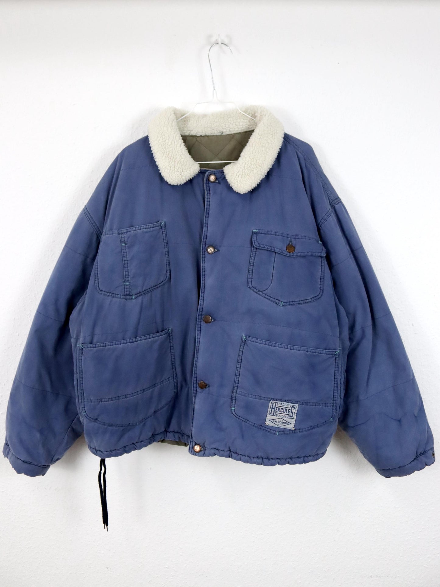 Vintage 80er 90er HERCULES Workwear Jacke Bomberjacke gefüttert faux fur Kragen blau Knopfleiste XL
