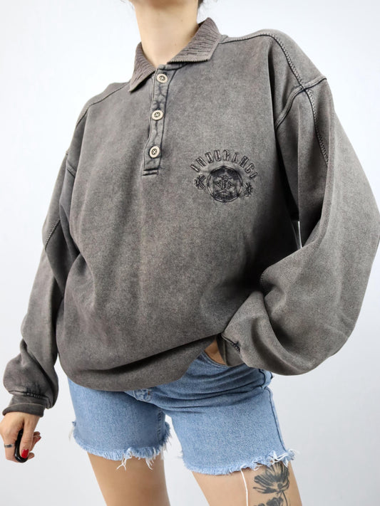 Vintage 80er 90er ENDURANCE Sweatshirt Pullover Polo Kragen used look braun grau L