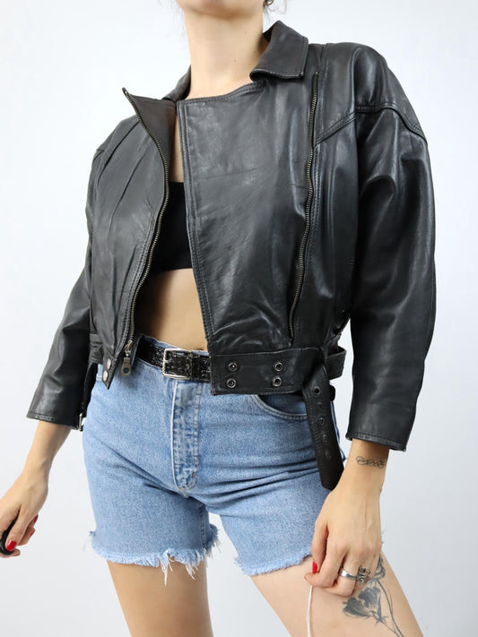 Vintage 80er 90er Bikerjacke Lederjacke mit Gürtel crop schwarz S