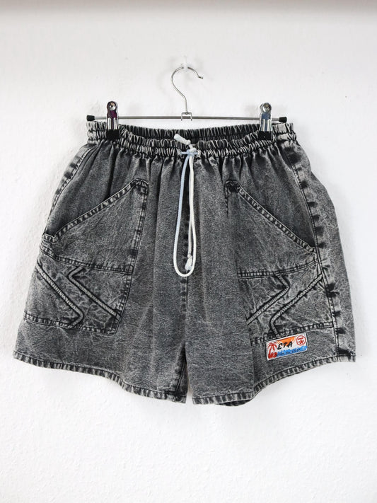 Vintage 80er 90er ETA Shorts kurze Hose grau acid wash Print Surf große Seitentaschen L/XL