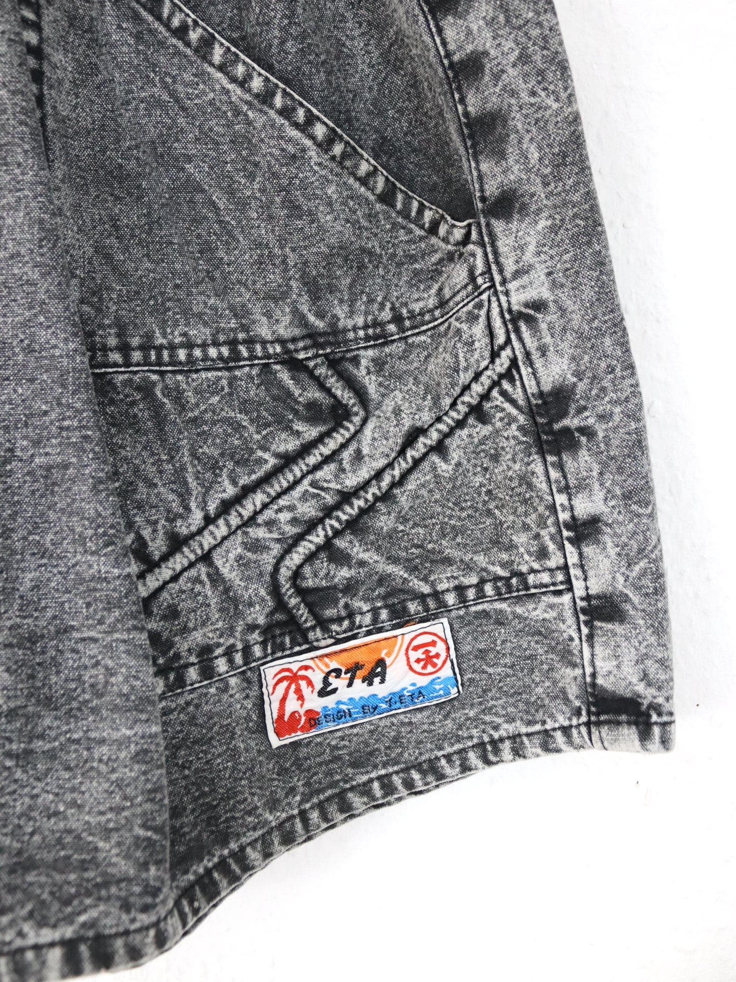 Vintage 80er 90er ETA Shorts kurze Hose grau acid wash Print Surf große Seitentaschen L/XL