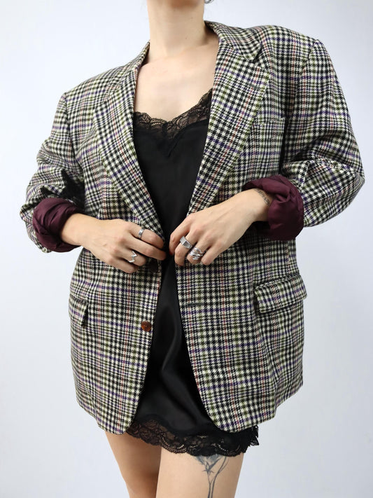Vintage 80er 90er ENRICO COVERI Blazer kariert creme schwarz lila grün Schulterpolster L/XL