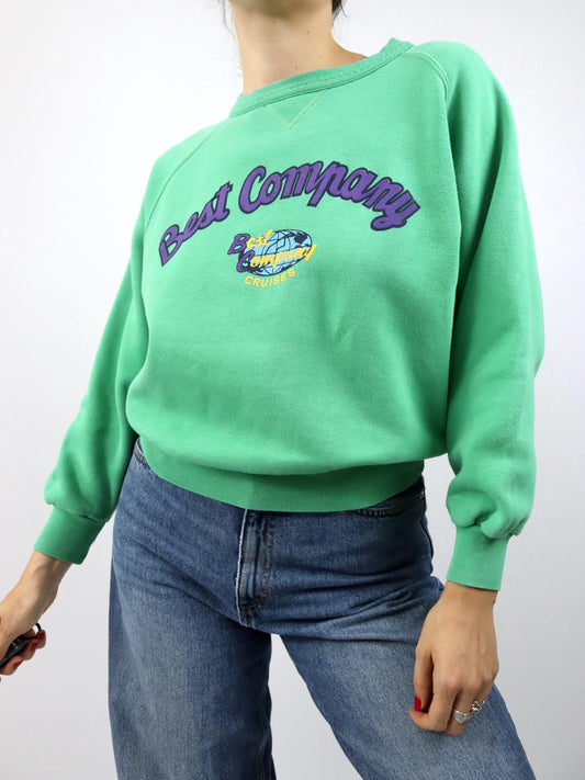 Vintage 80er 90er BEST COMPANY Sweatshirt Pullover Crewneck Print grün lila XS