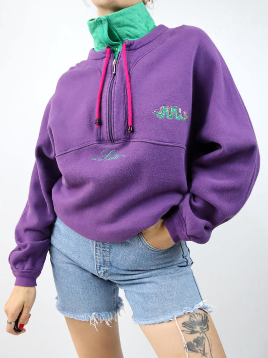 Vintage 80er 90er LOTTO Sweatshirt Pullover Stickerei Stehkragen lila grün 46 S