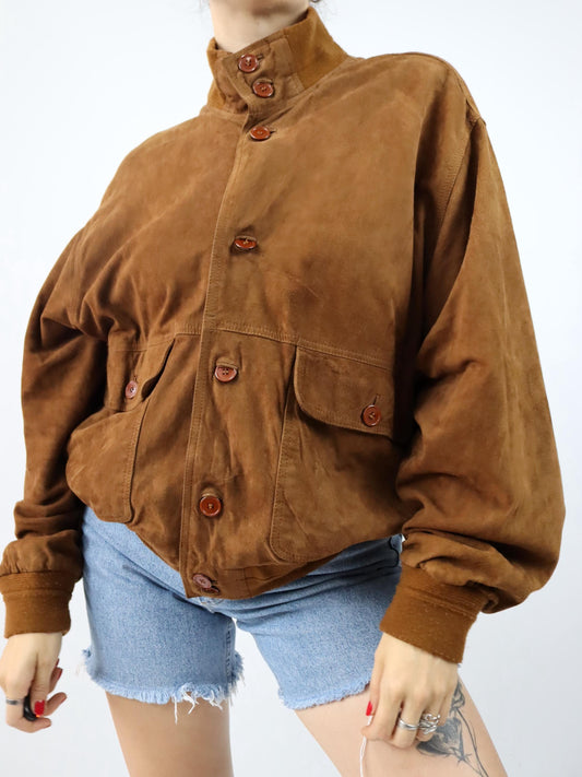 Vintage 80er 90er Blouson Bomber Wildleder Lederjacke braun 50 L