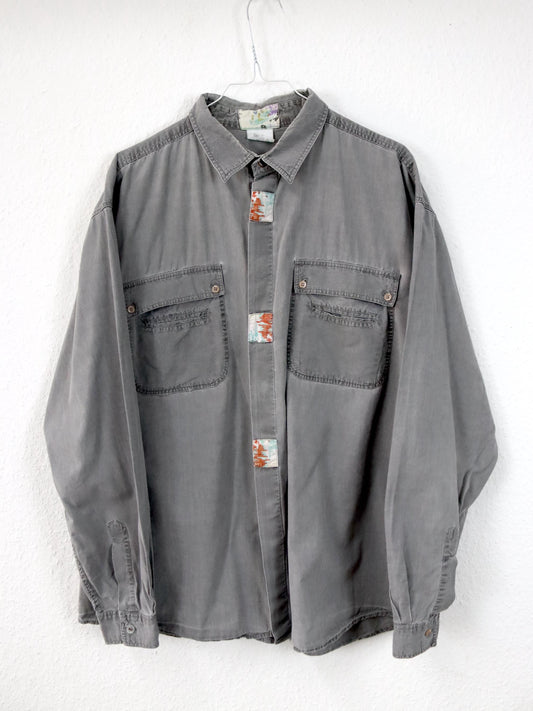 Vintage 80er 90er Hemd mit bunten patches grau 43/44 XL
