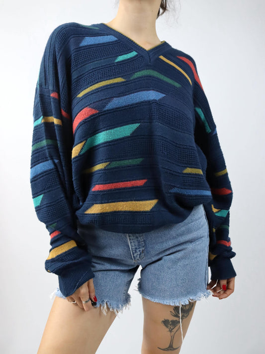 Vintage 80er 90er CLUB MARTINI RACING Pullover V-Kragen geometrisch 50 L