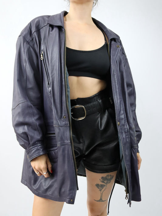 Vintage 80er 90er L.LAMBERTAZZI Mantel Jacke Leder lila Schulterpolster 54 XXL