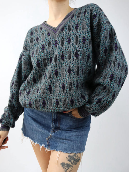 Vintage 80er 90er NEW CLASSIC Pullover Wolle V-Kragen grau lila türkis crazy pattern 50 L