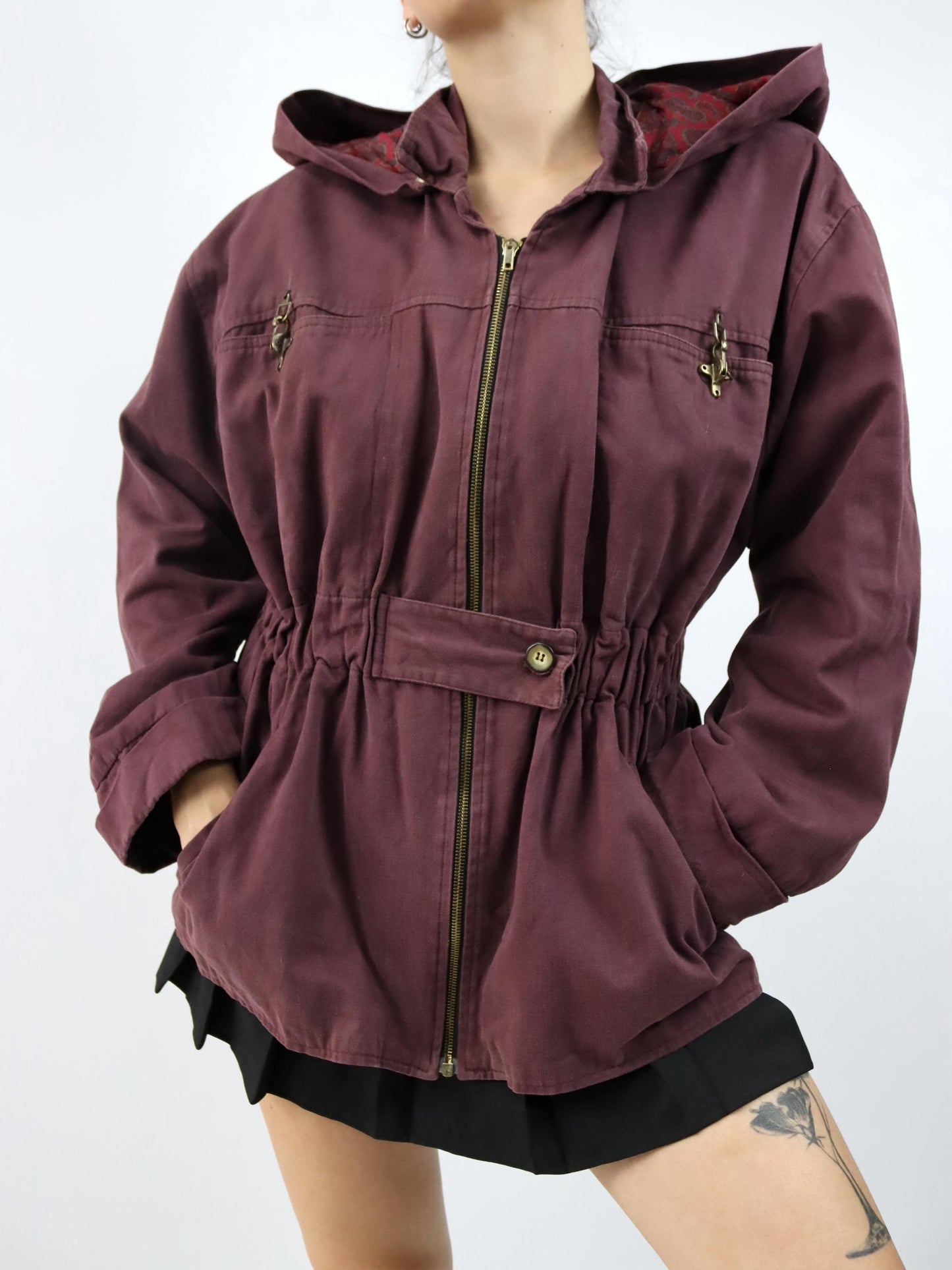 Vintage 80er 90er Jacke Mantel Kapuze burgund tailliert fireman clasp Gürtel S
