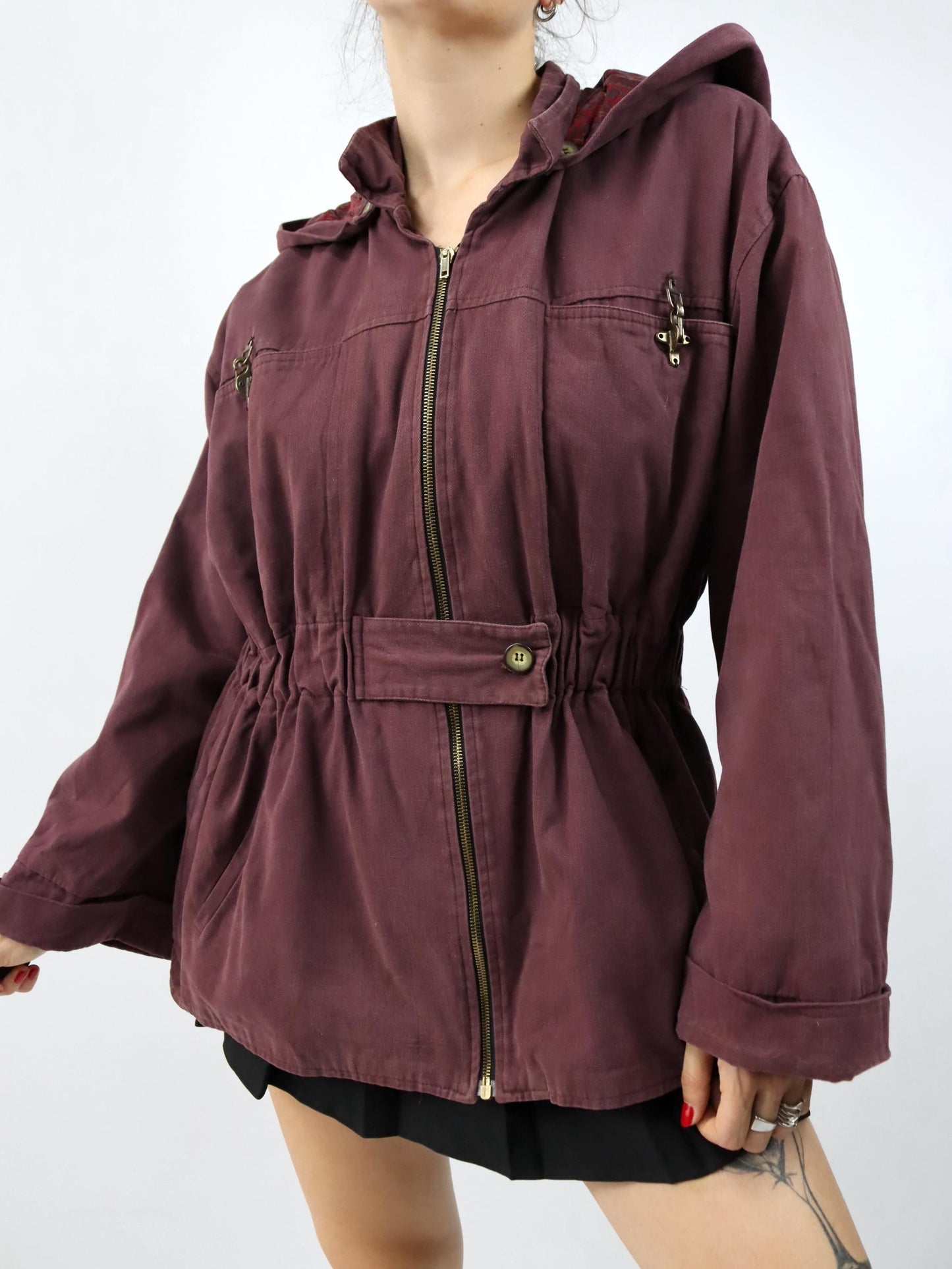 Vintage 80er 90er Jacke Mantel Kapuze burgund tailliert fireman clasp Gürtel S