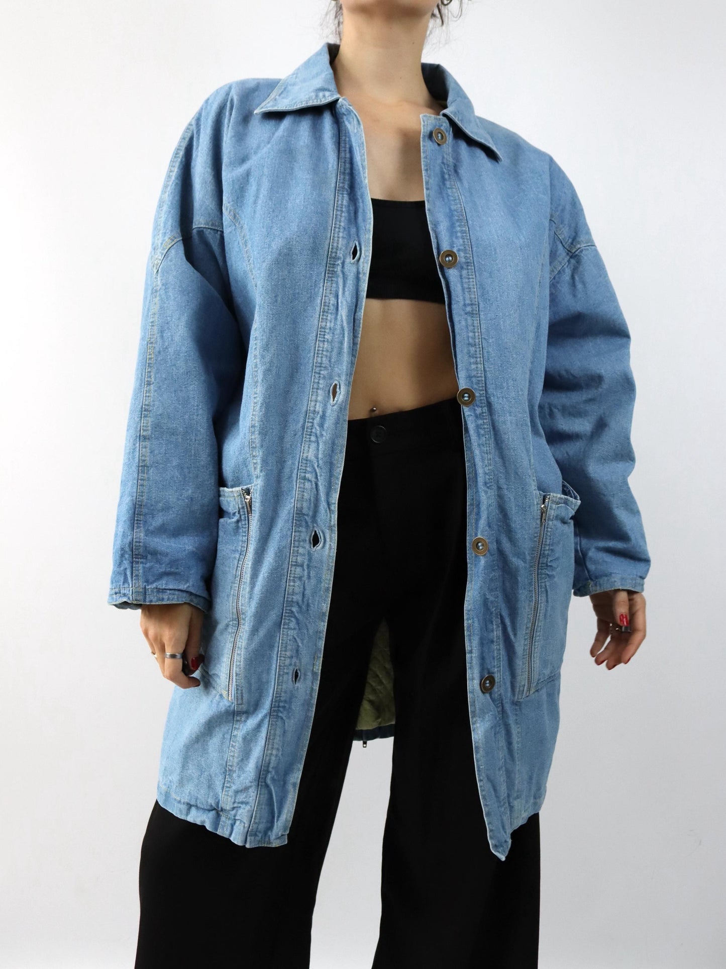 Vintage 80er 90er Mantel lang denim blau Knopfreihe L