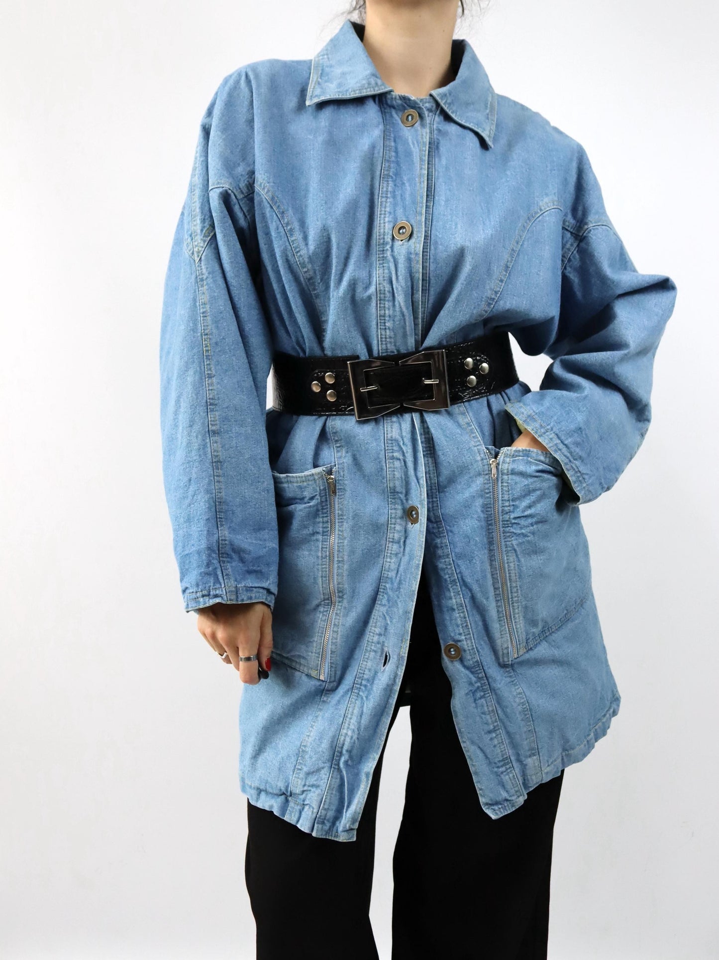 Vintage 80er 90er Mantel lang denim blau Knopfreihe L