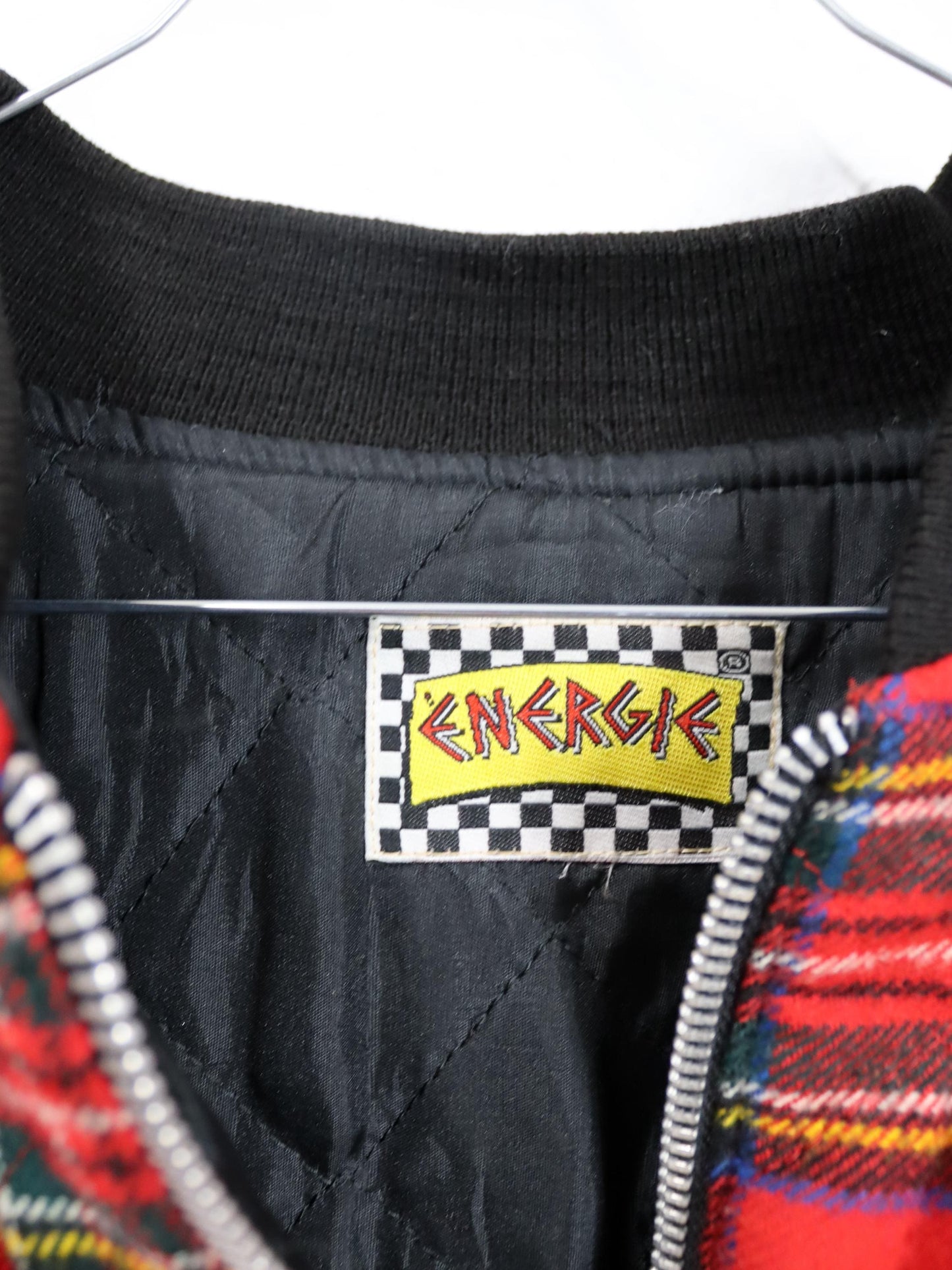 Vintage 80er 90er ENERGIE Bomberjacke Wendejacke kariert schwarz rot M
