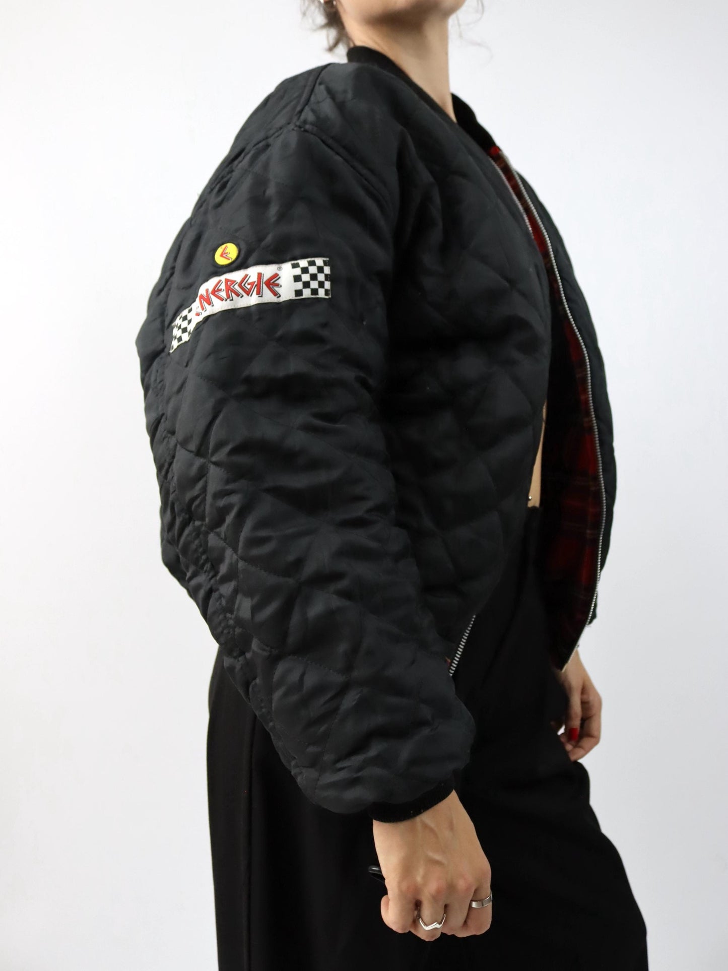Vintage 80er 90er ENERGIE Bomberjacke Wendejacke kariert schwarz rot M