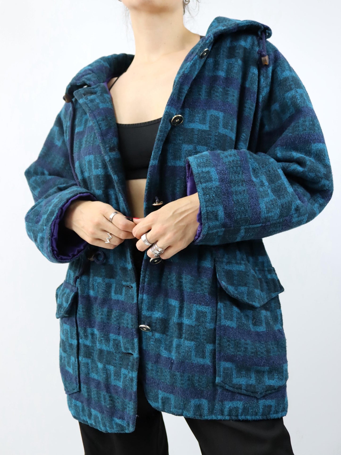 Vintage 80er 90er Wollmantel Parka Jacke mit Knopfleiste gemustert blau lila M