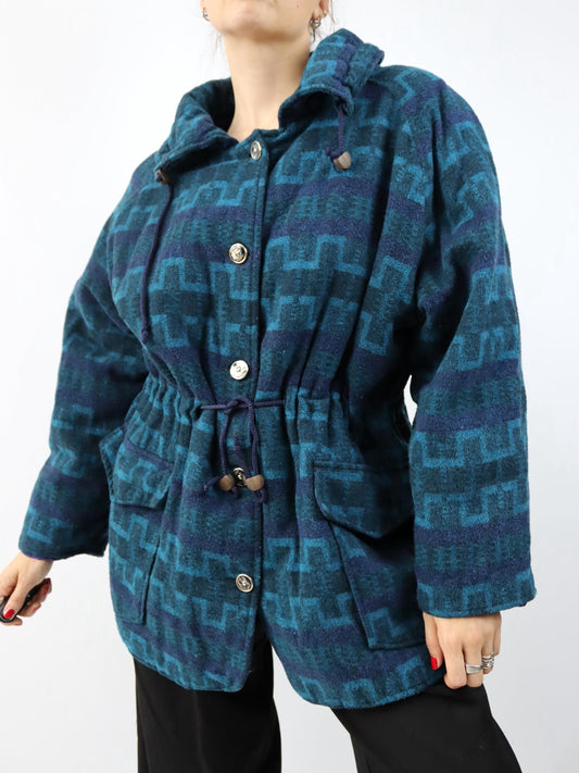 Vintage 80er 90er Wollmantel Parka Jacke mit Knopfleiste gemustert blau lila M
