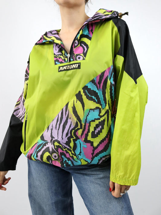 Vintage 80er 90er ANZONI Windbreaker Regenjacke Stehkragen crazy pattern bunt M