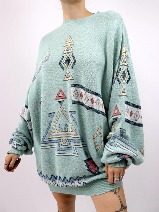 Vintage 80er 90er CAGI Pulloverkleid Strickpullover gemustert mintgrün pastel 48 XXL