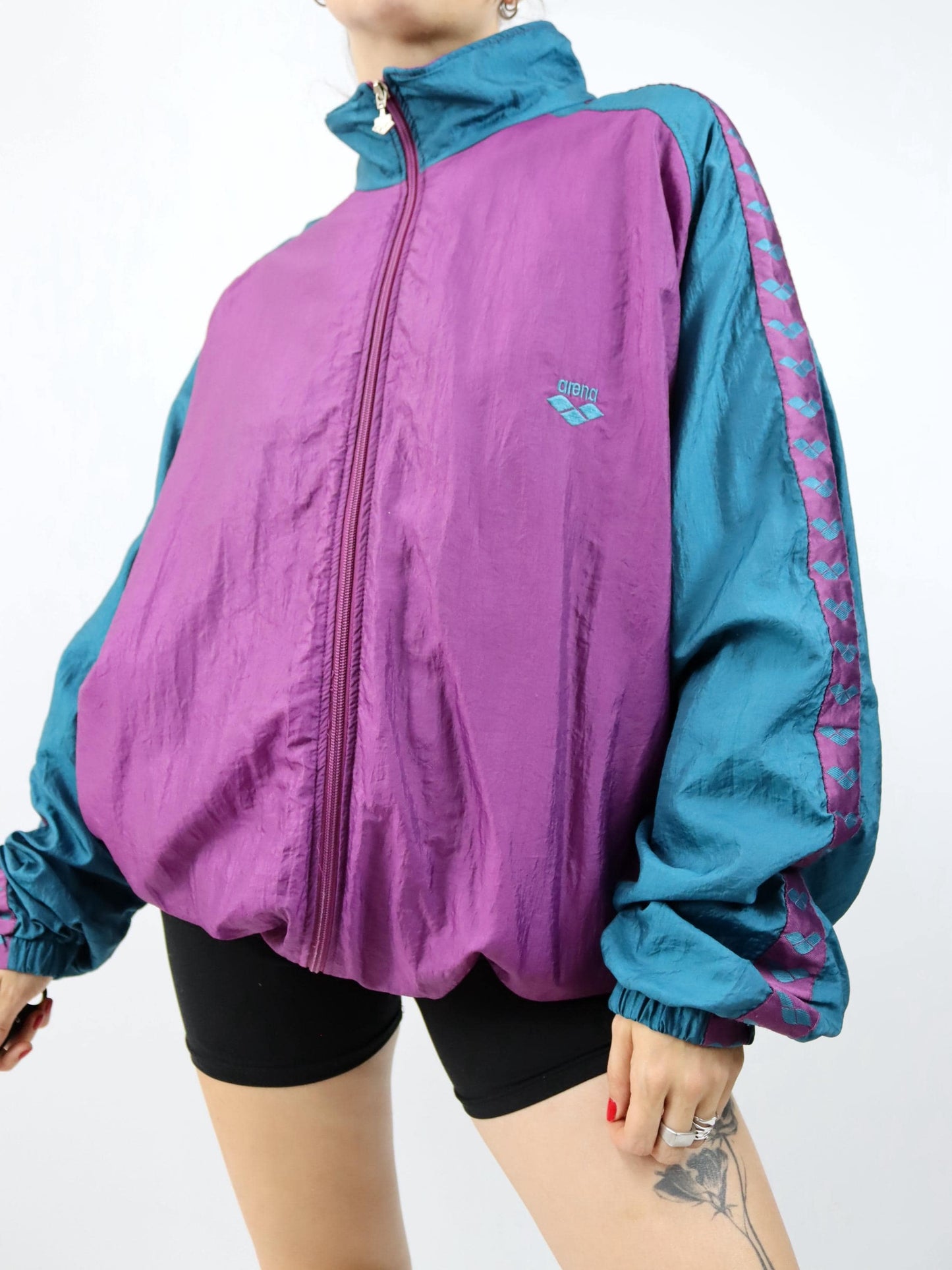 Vintage 80er 90er ARENA Trainingsjacke Stehkragen türkis lila XL