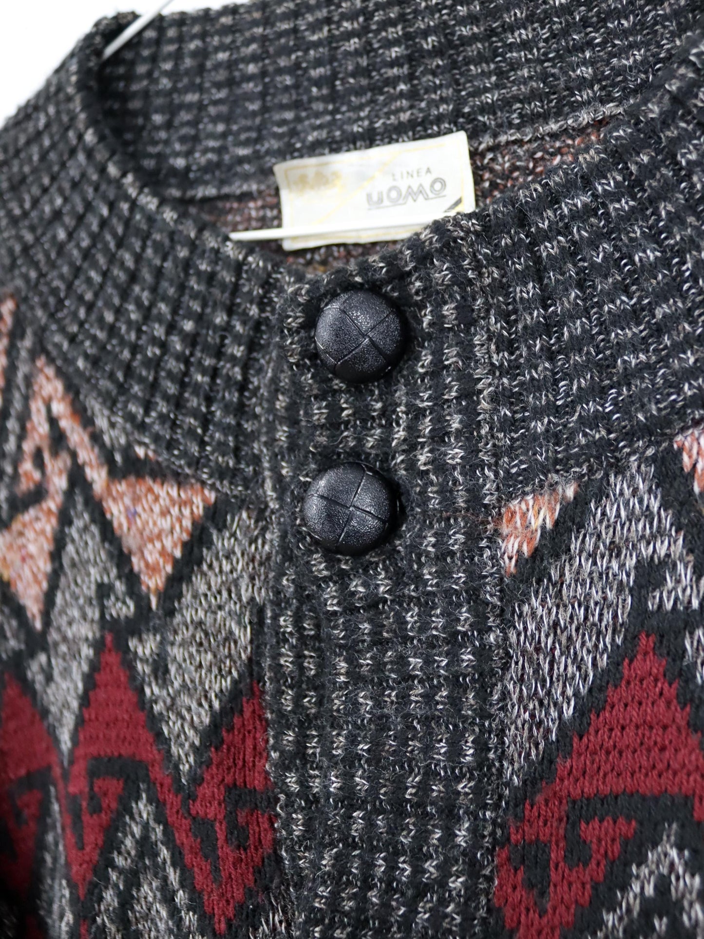 Vintage 80er 90er UOMO Wollcardigan Strickjacke gemustert grau rot Knopfleiste 52 L