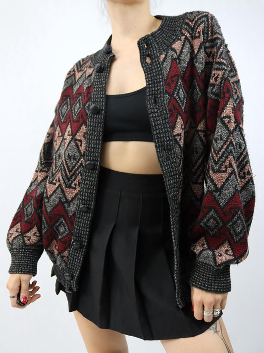 Vintage 80er 90er UOMO Wollcardigan Strickjacke gemustert grau rot Knopfleiste 52 L