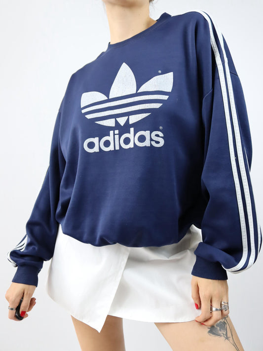 Vintage 80er 90er ADIDAS Sweatshirt Pullover Print weiß dunkelblau D6 M