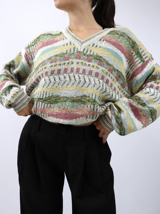 Vintage 80er 90er SUSPENSE Strickpullover gemustert V-Ausschnitt L