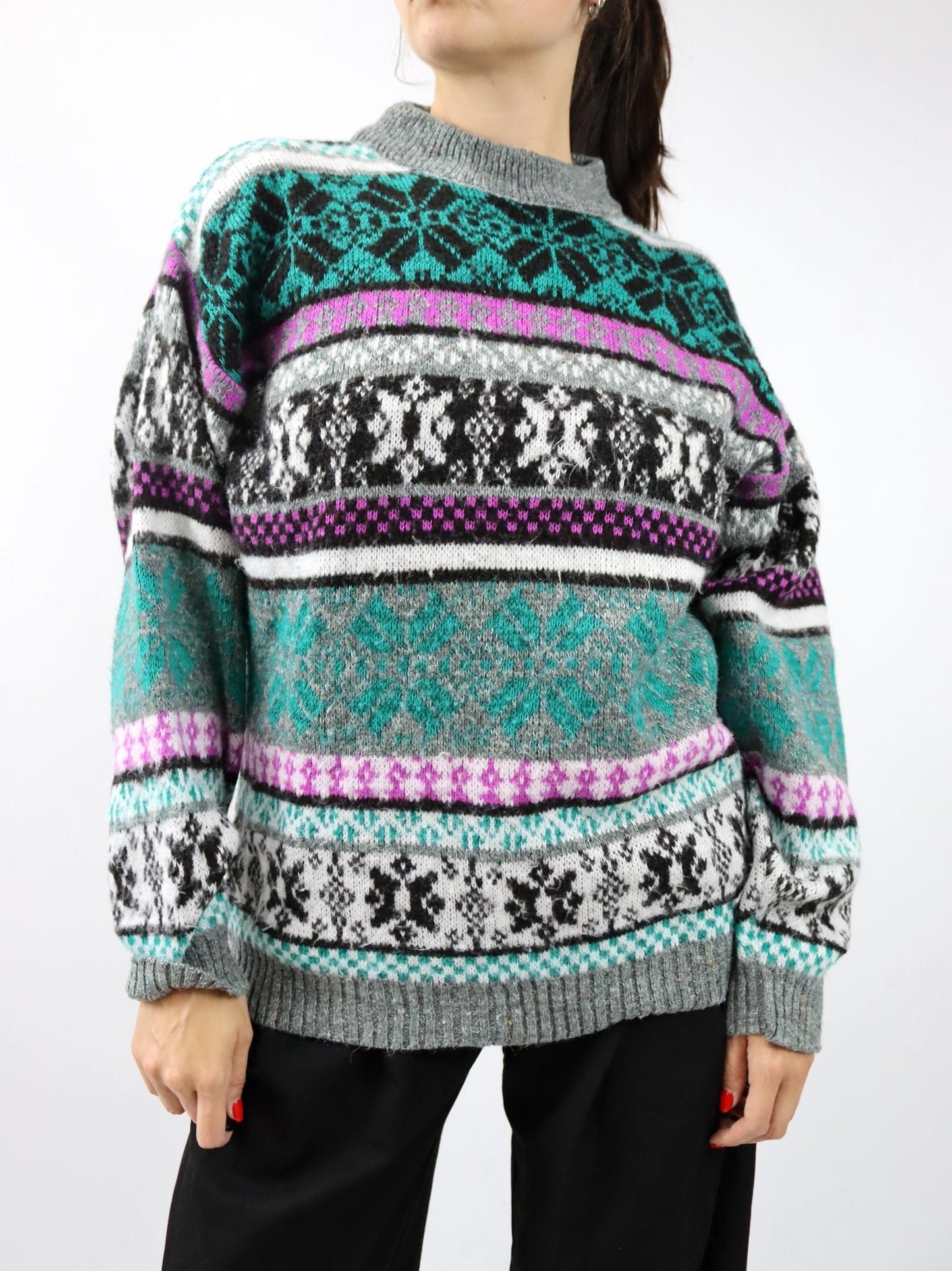 Vintage 80er 90er Wollpullover Pullover Wolle lila grün gemustert M