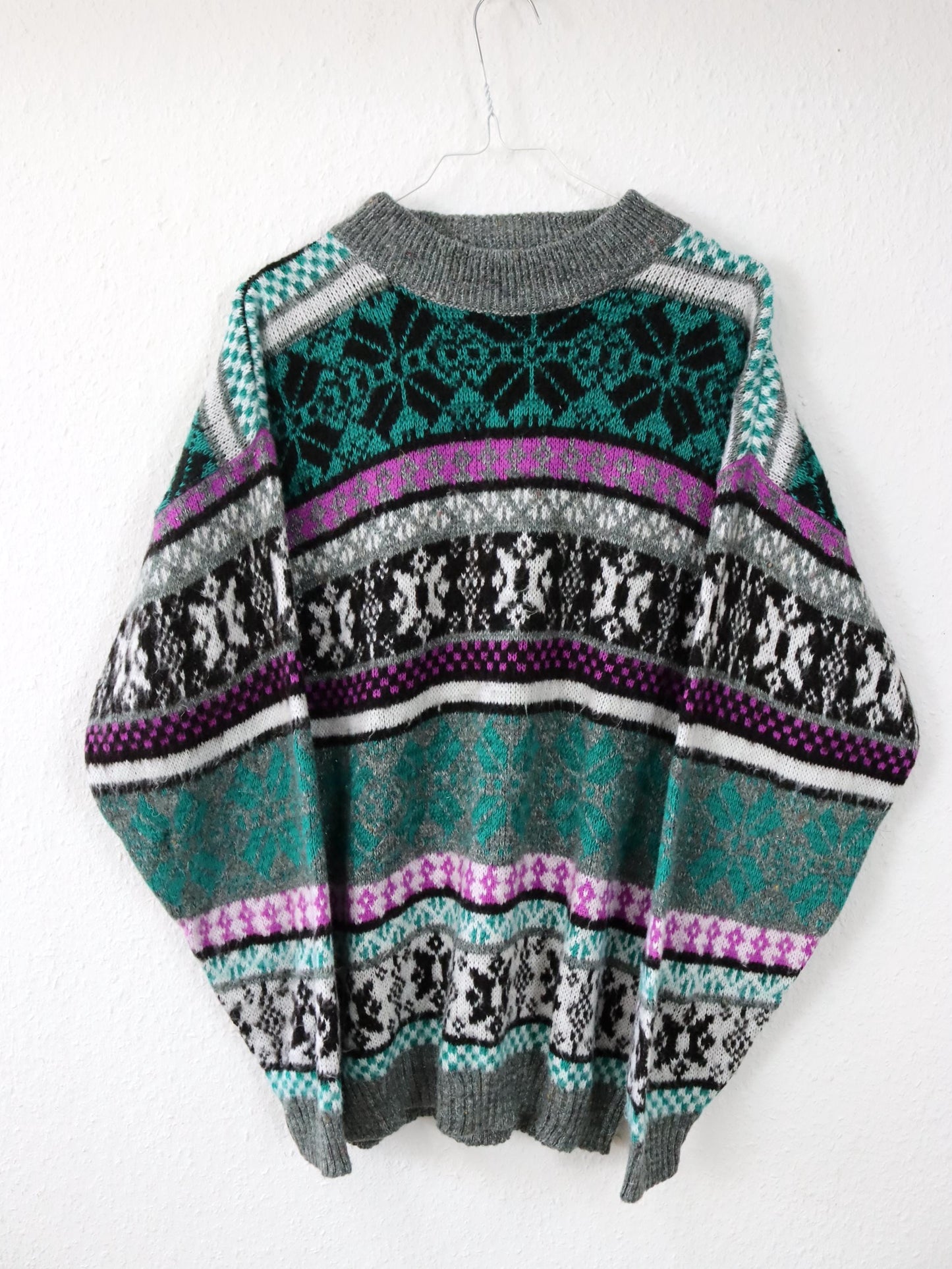 Vintage 80er 90er Wollpullover Pullover Wolle lila grün gemustert M