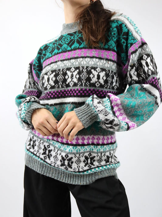 Vintage 80er 90er Wollpullover Pullover Wolle lila grün gemustert M