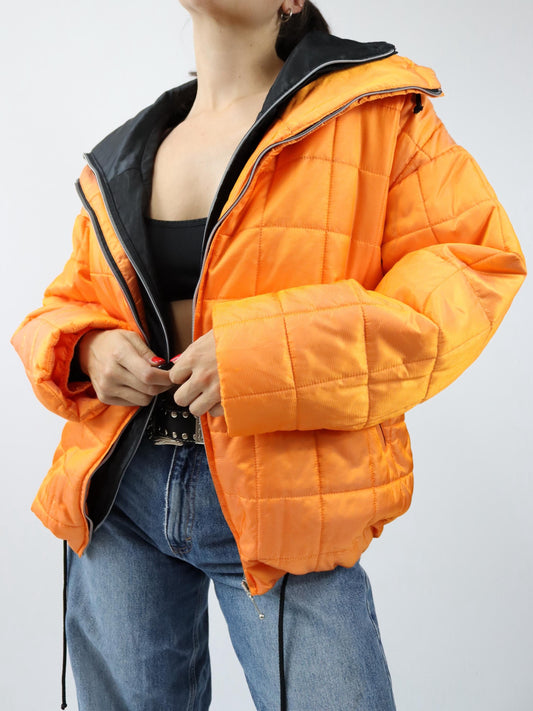 Vintage 80er 90er ONLINE Winterjacke Mantel gefüttert schwarz orange metallic Stehkragen 40 M