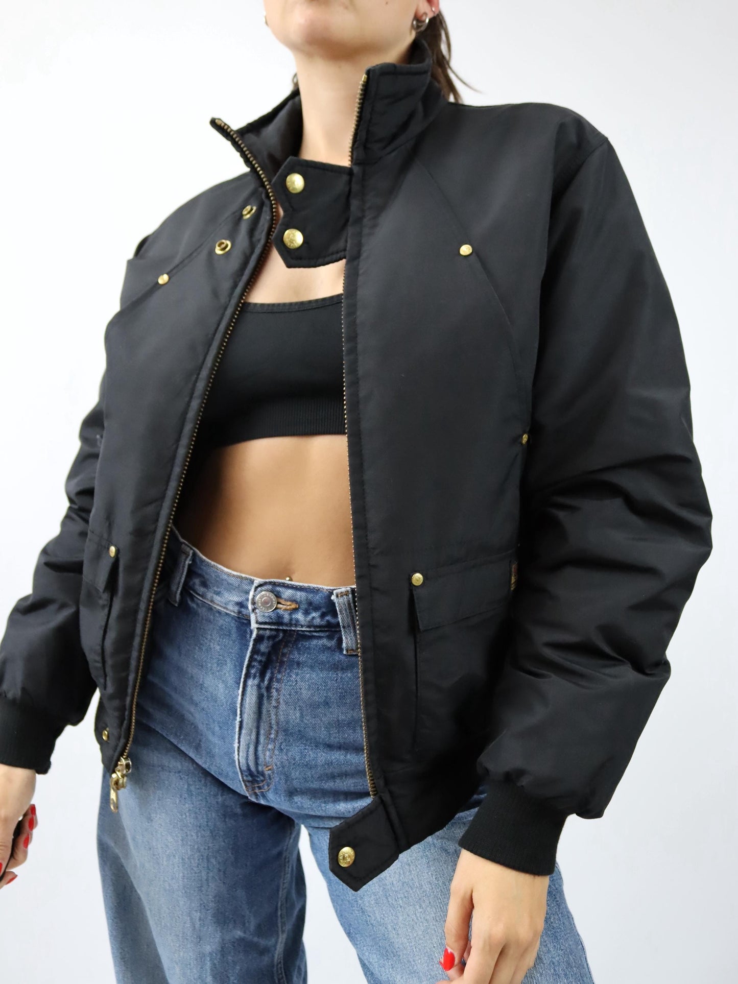 Vintage 80er 90er RICHLU by Miss Sixty Daunenjacke Jacke gefüttert Stehkragen schwarz gold M/L