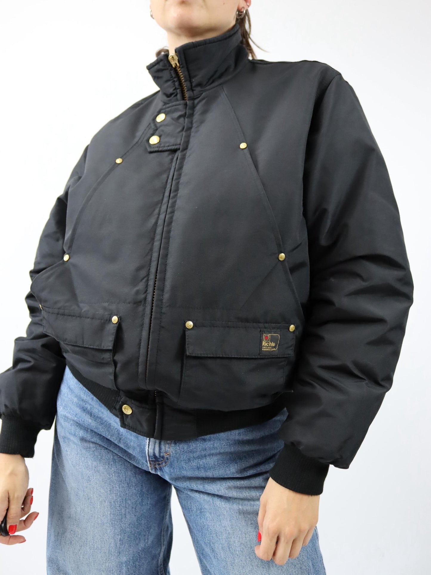 Vintage 80er 90er RICHLU by Miss Sixty Daunenjacke Jacke gefüttert Stehkragen schwarz gold M/L