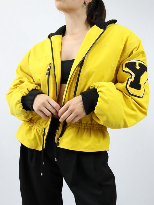 Vintage 80er 90er Winterjacke Jacke gefüttert Teddyfell Schulterpolster gelb tailliert Stehkragen L