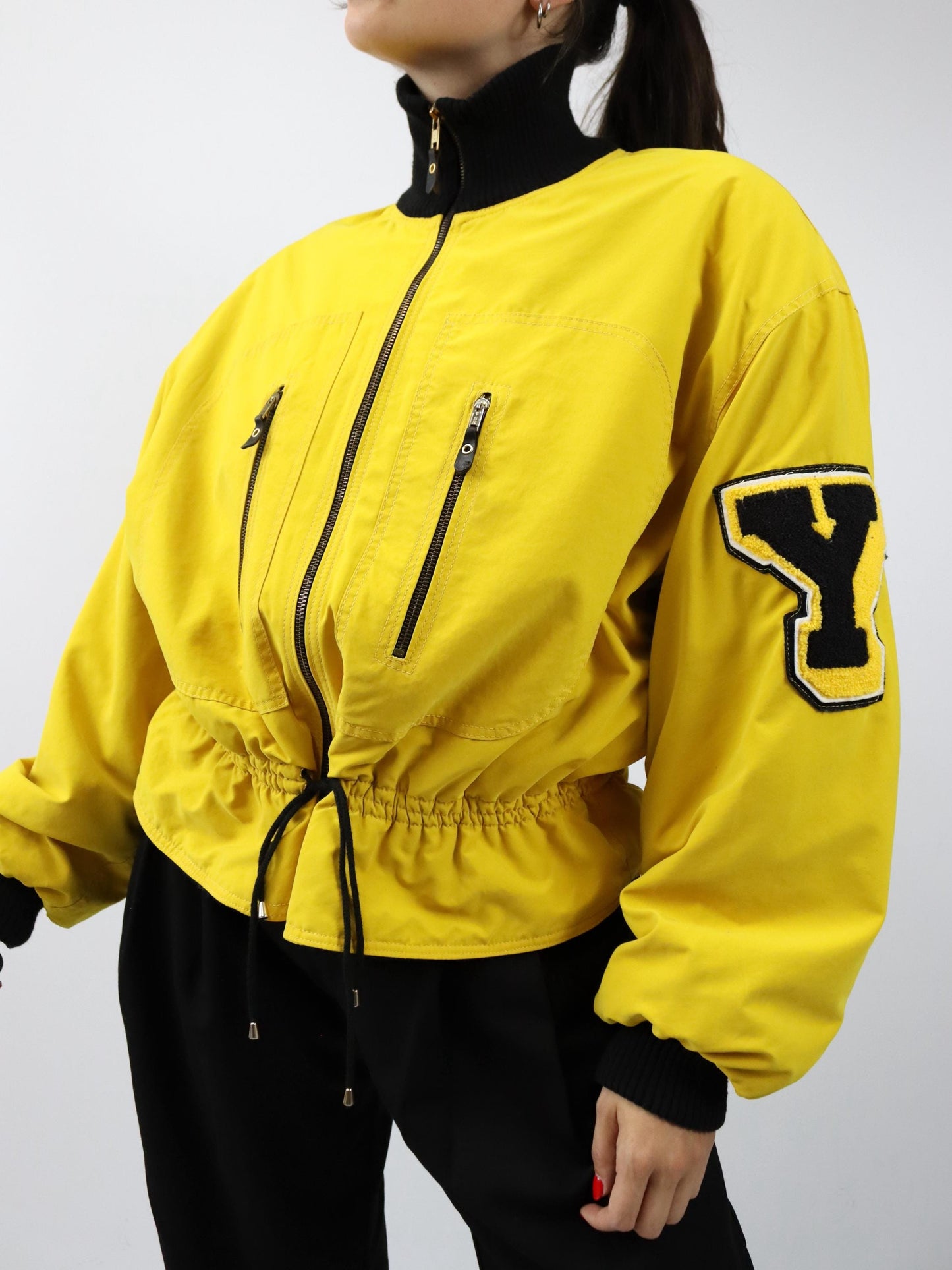 Vintage 80er 90er Winterjacke Jacke gefüttert Teddyfell Schulterpolster gelb tailliert Stehkragen L
