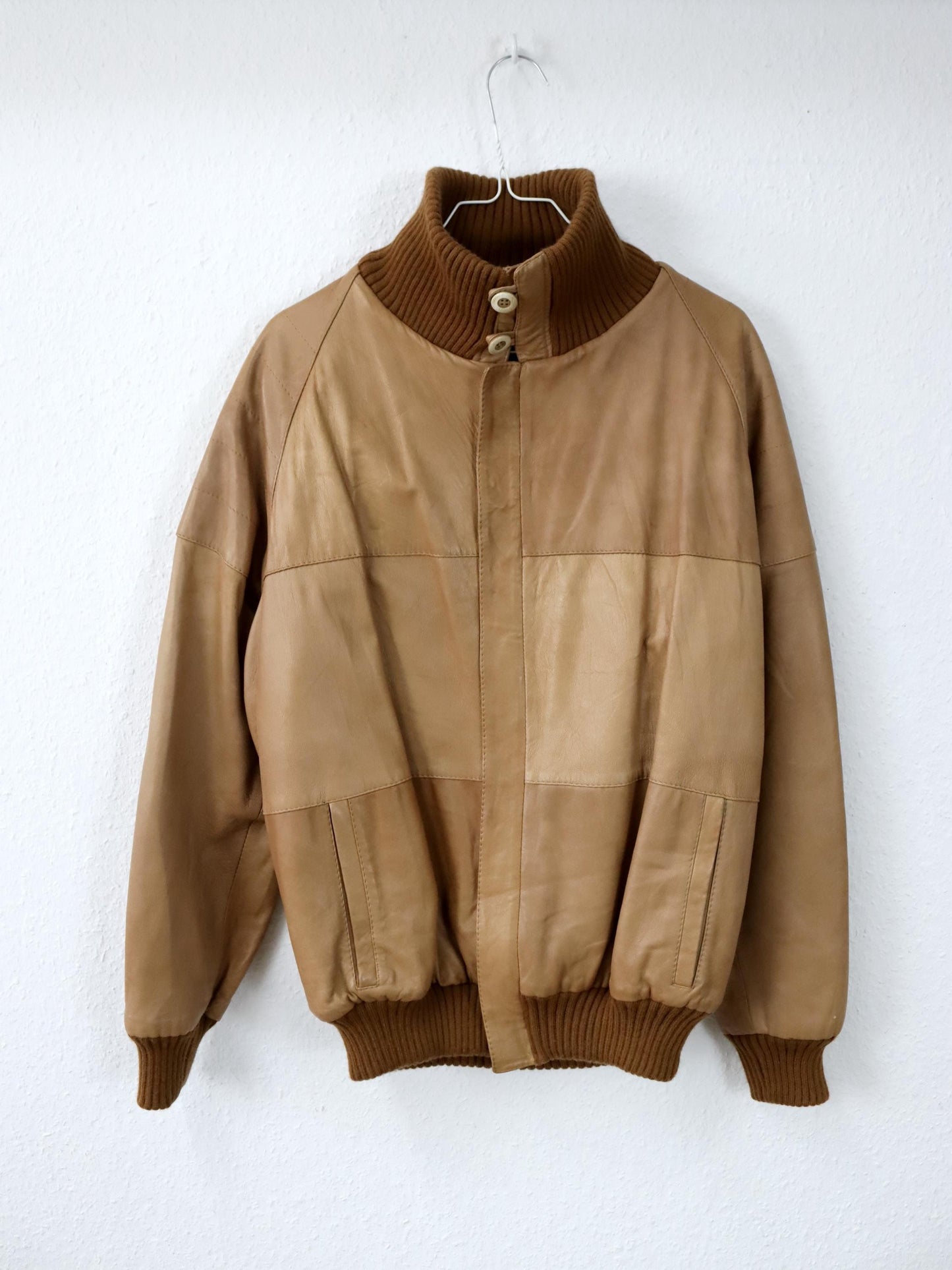 Vintage 80er 90er Lederjacke leicht gefüttert Blouson Stehkragen Strick braun 48 M