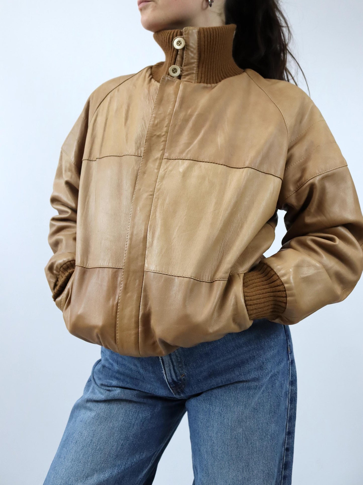 Vintage 80er 90er Lederjacke leicht gefüttert Blouson Stehkragen Strick braun 48 M