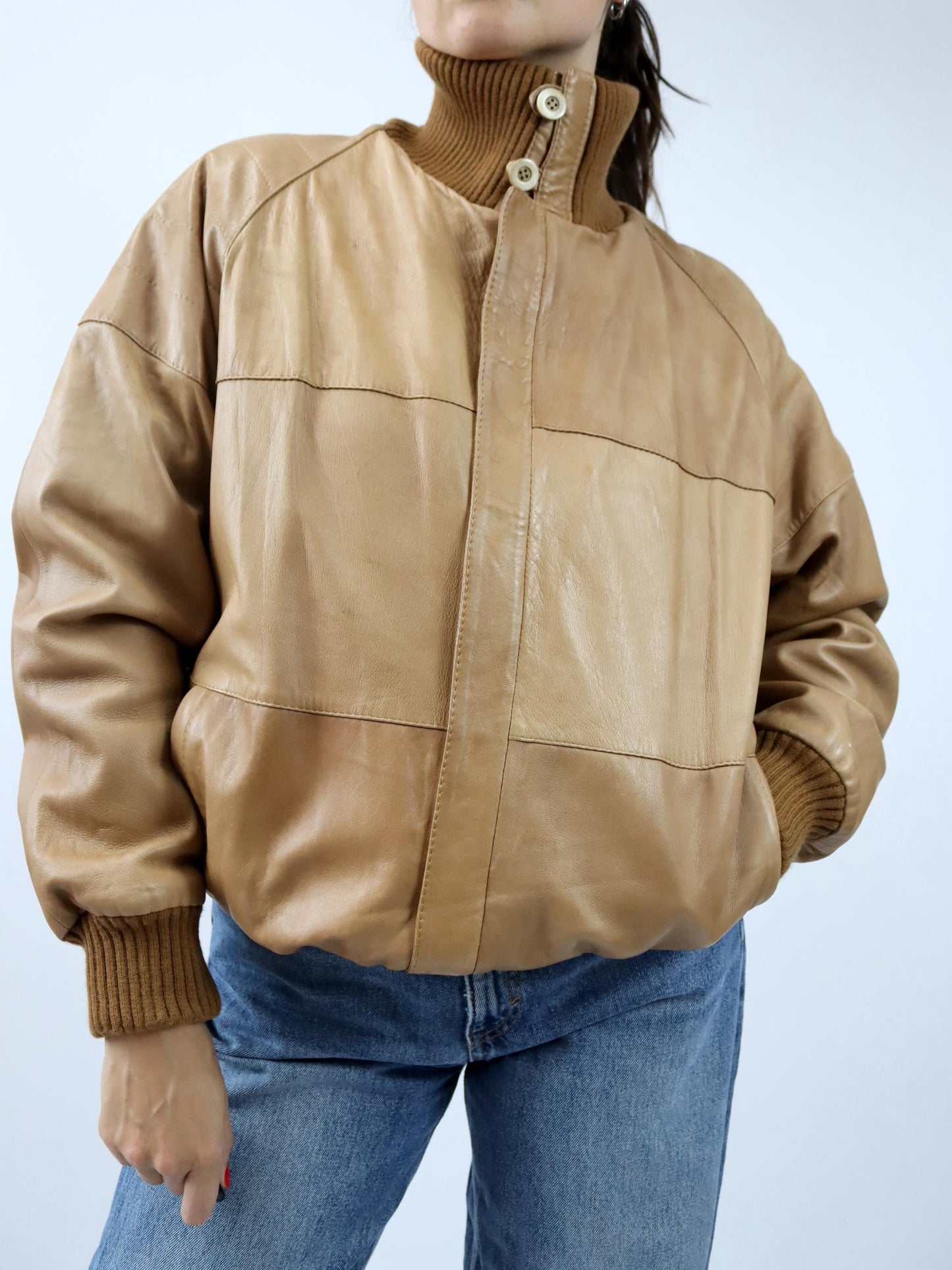 Vintage 80er 90er Lederjacke leicht gefüttert Blouson Stehkragen Strick braun 48 M