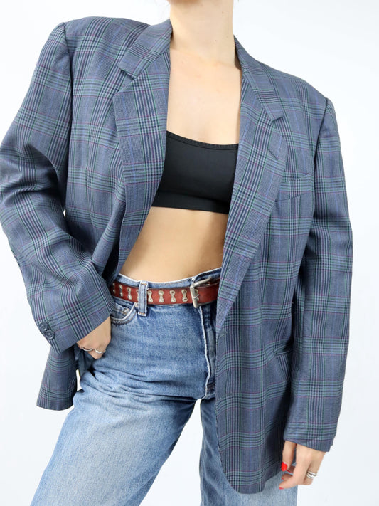 Vintage 80er 90er TOMARY Blazer Schurwolle kariert Schulterpolster 54 XL