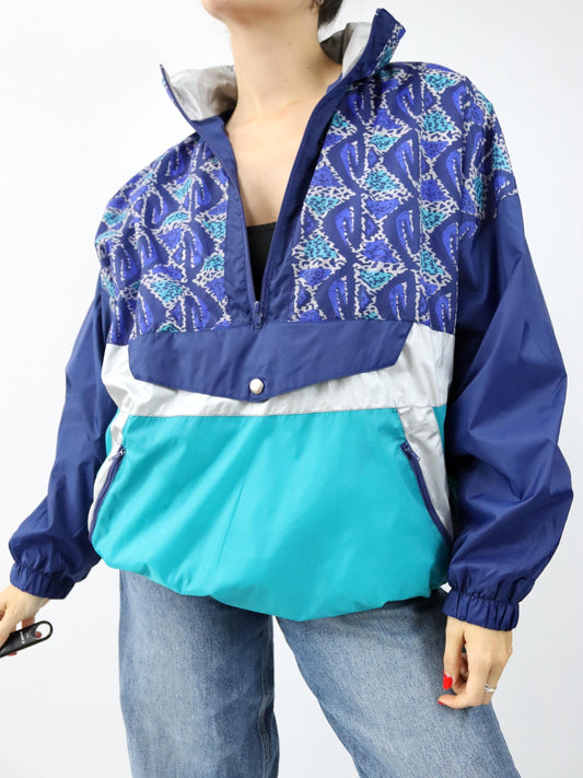 Vintage 80er 90er SAN MARCO Regenjacke Windbreaker blau crazy pattern L