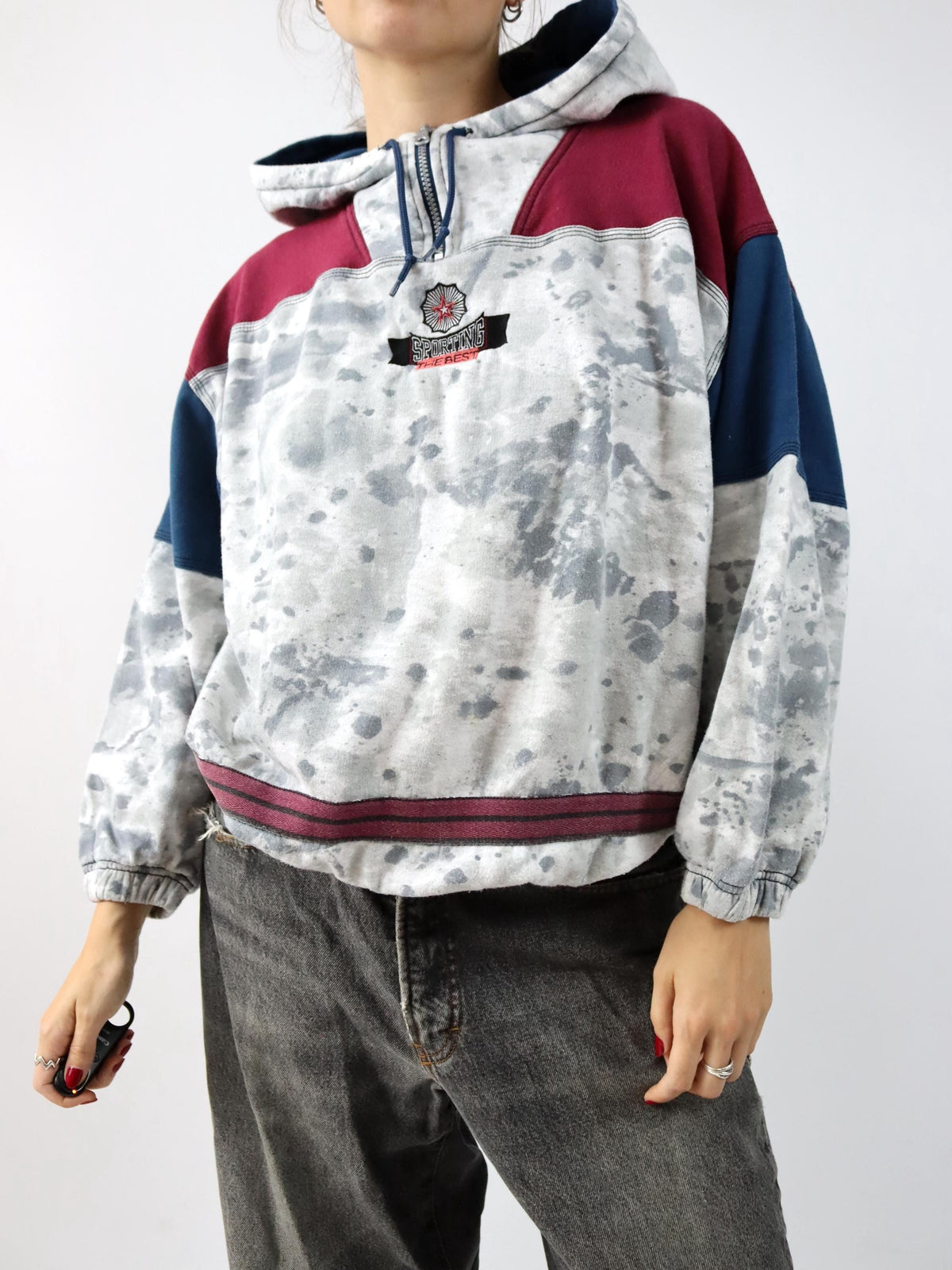 Vintage 80er 90er KILLTEC Hoodie Pullover Kapuze Batik Sticker grau blau rot M
