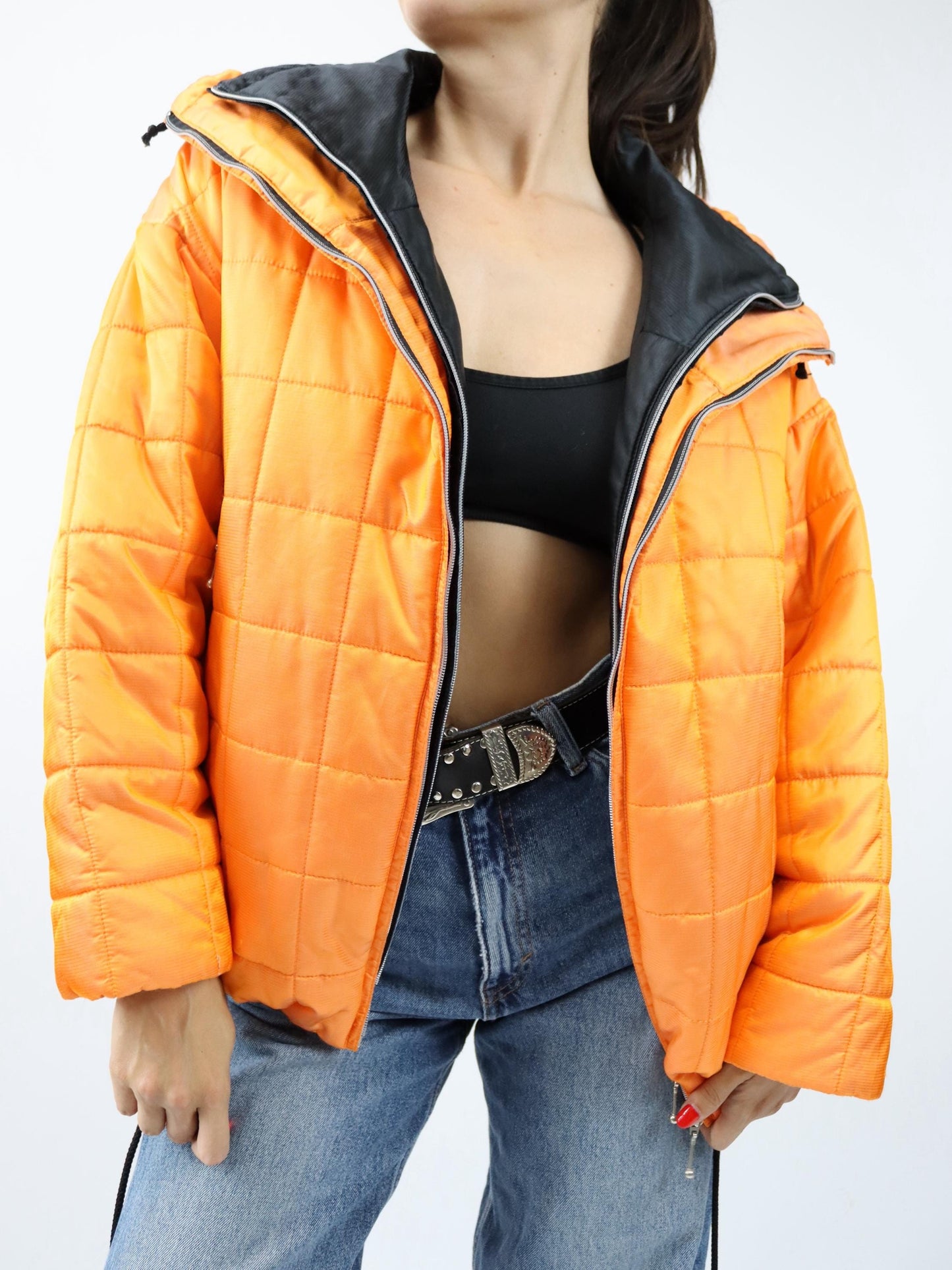 Vintage 80er 90er ONLINE Winterjacke Mantel gefüttert schwarz orange metallic Stehkragen 40 M
