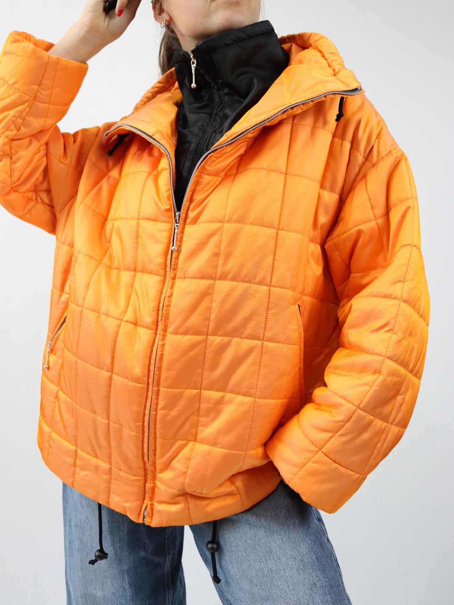 Vintage 80er 90er ONLINE Winterjacke Mantel gefüttert schwarz orange metallic Stehkragen 40 M