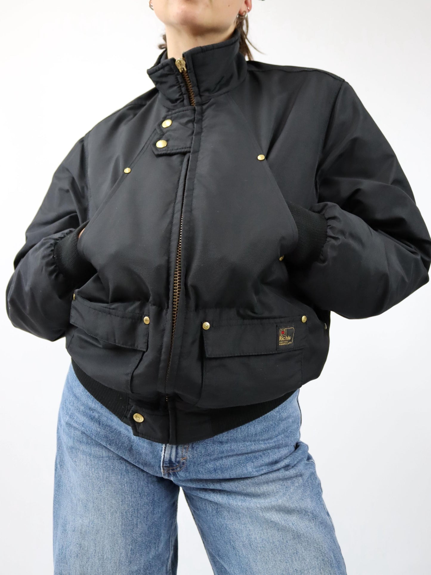 Vintage 80er 90er RICHLU by Miss Sixty Daunenjacke Jacke gefüttert Stehkragen schwarz gold M/L